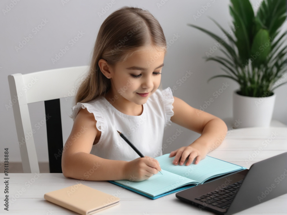 A girl sits studying online in the living room at home. A girl sits studying online in the living room at home.