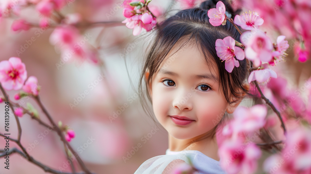 A young girl with a pink flower headband is standing in front of a tree with pin A young girl with a pink flower headband is standing in front of a tree with pin