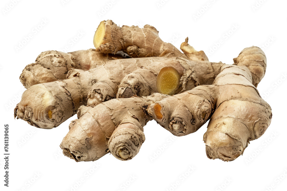 
Fresh ginger root or rhizome isolated on white background cutout first person view realistic daylight