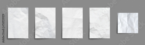 Notebook paper sheets set isolated on transparent background. Vector realistic illustration of blank white checkered and lined pieces with crumpled wrinkled texture, memory notes, message notepaper photo