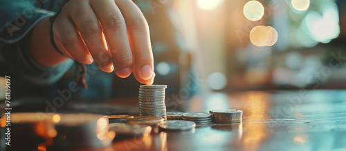 A person is putting coins into a stack, personal financial concept