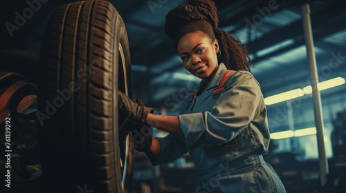 A smiling female mechanic, an African-American woman in uniform clothes Repairs a tire in an auto repair shop.