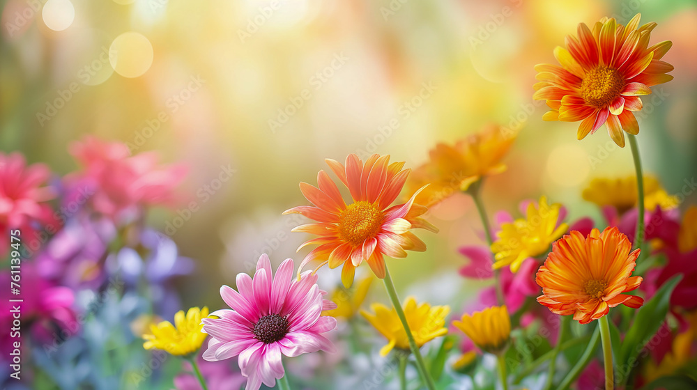 A field of flowers with a bright, sunny background A field of flowers with a bright, sunny background