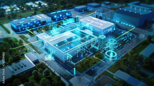 Security technology with AI smart surveillance control at factory and industry area, the security system can control electrical equipment in modern factory, AI generated, space for ads