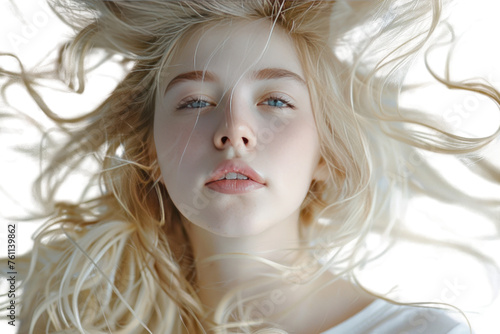  closeup photo portrait of a beautiful young caucasian blonde female model woman shaking her beautiful hair in motion. ad for shampoo conditioner hair products. isolated on white background first pers