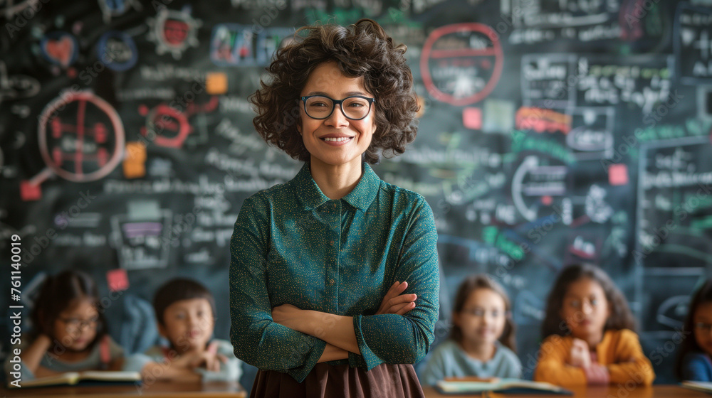 A woman stands confidently in front of a lively classroom filled with eager children, celebrating Happy Teachers Day - obrazy, fototapety, plakaty 