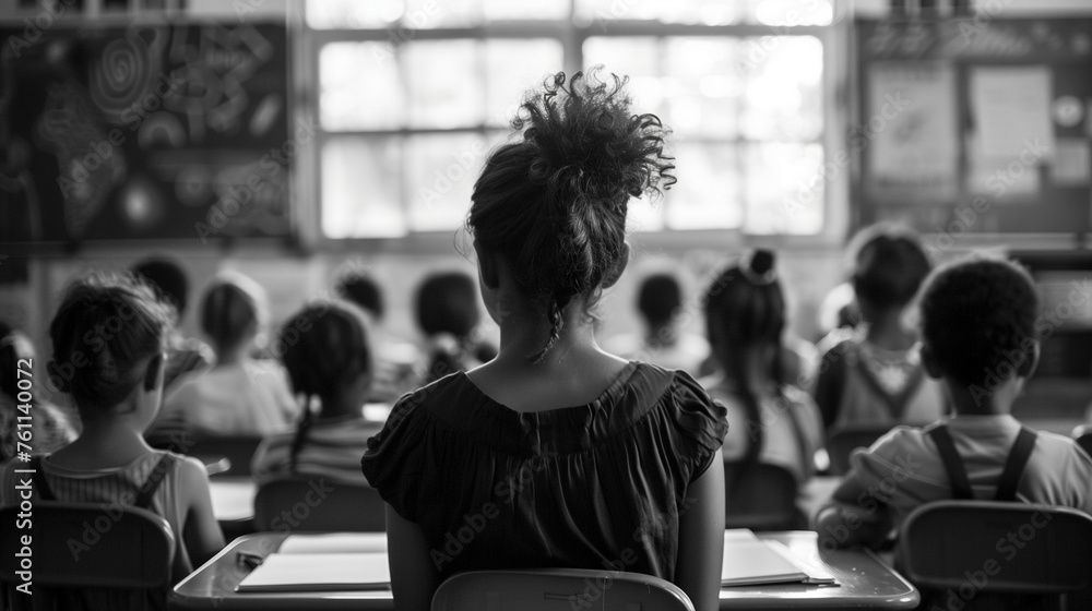 A group of diverse children sit attentively in a classroom, eagerly listening to their teacher on Teachers Day. Smiling faces, colorful books, and educational posters fill the room A group of diverse children sit attentively in a classroom, eagerly listening to their teacher on Teachers Day. Smiling faces, colorful books, and educational posters fill the room