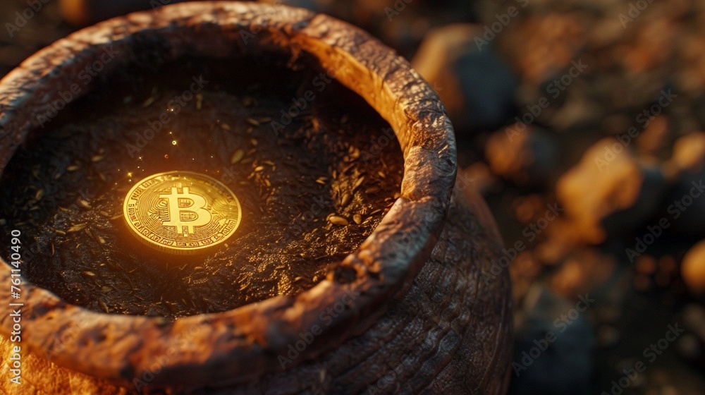 close up of pot depicting a Bitcoin resting close up of pot depicting a Bitcoin resting