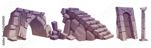 Ancient ruin vector set. Old Atlantis city temple building pillar and arch. Broken and abandoned antique Greek monument design. Destruction stone column for garden or museum of Rome civilization.