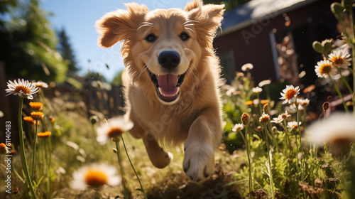 Happy golden retriever running across garden, summer time, soft focus background © lisssbetha