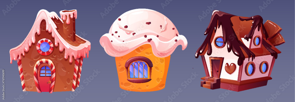 Chocolate candy land house fantasy cartoon game set. Confectionery illustration for gingerbread city with cake and cute candyland dessert object. Isolated magic cupcake building in children fairy tale - obrazy, fototapety, plakaty 
