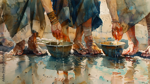 Washing of the Feet Jesus Maundy Holy Thursday, generative Ai photo