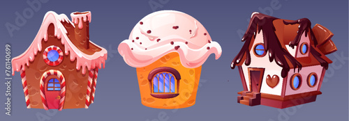 Chocolate candy land house fantasy cartoon game set. Confectionery illustration for gingerbread city with cake and cute candyland dessert object. Isolated magic cupcake building in children fairy tale