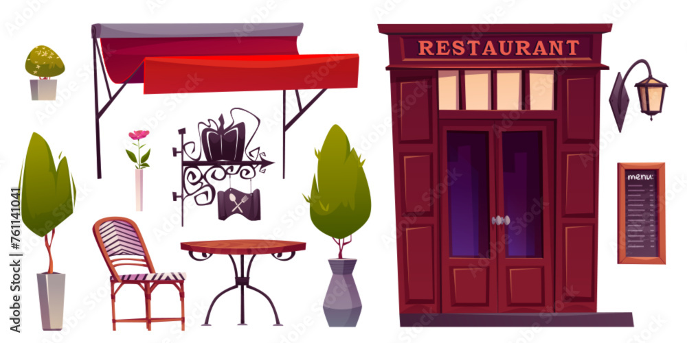 Restaurant outside elements set for relax and eating on veranda. Cartoon vector exterior cafe objects - glass and wood door, red tent, table and chair, signboard and wall lantern, menu board and plant - obrazy, fototapety, plakaty 