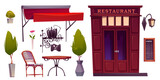 Restaurant outside elements set for relax and eating on veranda. Cartoon vector exterior cafe objects - glass and wood door, red tent, table and chair, signboard and wall lantern, menu board and plant