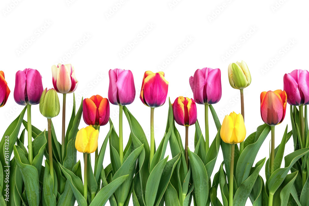 ดีไซน์ที่ยังไม่ได้ตั้งชื่อ - Flowers. Row of beautiful colorful tulips isolated on white background Real daytime first person perspective