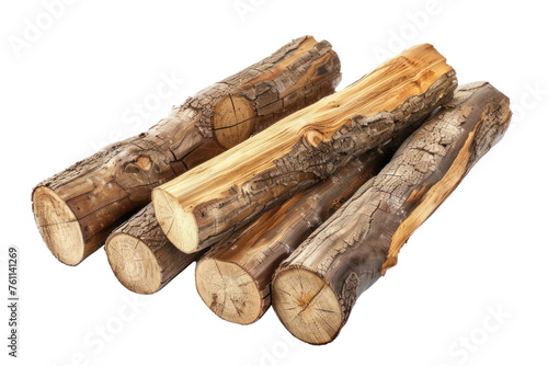  five Wooden logs isolated on white background Realistic daytime first person perspective