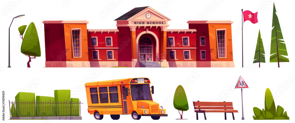 Fototapeta premium High school exterior cartoon vector elements set. education establishment with red walls, yellow children bus, bench and streetlight lantern, flag and green plants and trees. Schoolhouse outside.