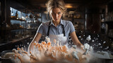 Beautiful woman chef in the uniform and pinafore cooking on the kitchen at a restaurant. Concept of molecular cuisine