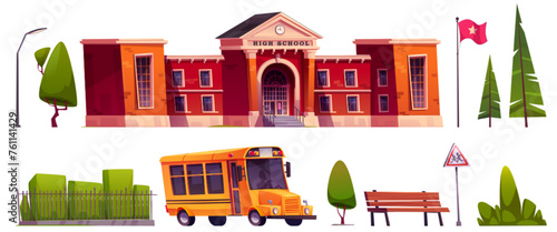 High school exterior cartoon vector elements set. education establishment with red walls, yellow children bus, bench and streetlight lantern, flag and green plants and trees. Schoolhouse outside.