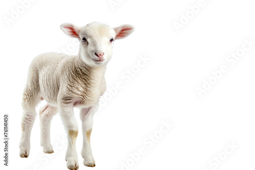                                                                                -  Cute white lamb isolated on a white background first person view realistic daylight