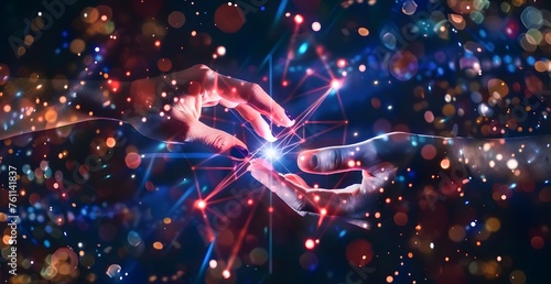 Hands touching science and network connection and data exchanges on glitter bright lights colorful background