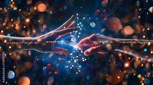 Hands touching science and network connection and data exchanges on glitter bright lights colorful background photo
