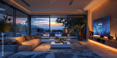 a dynamic scene in a modern living room at sunset, where the room's contemporary design is illuminated by the warm hues of the setting sun. Vacation home or holiday villa.3d rendering.