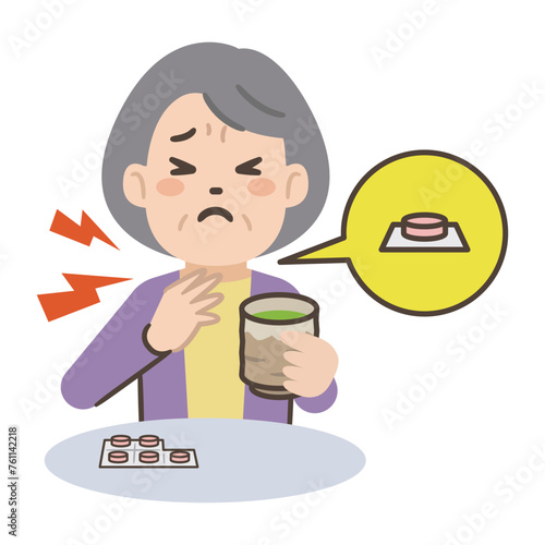 薬の包装シートを誤飲した高齢者のイラスト