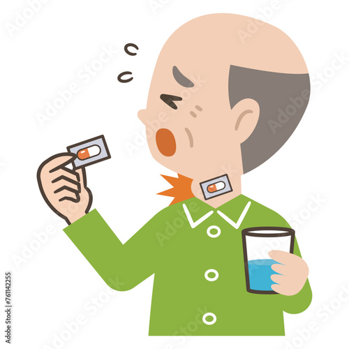 薬の包装シートを誤飲した高齢者のイラスト
