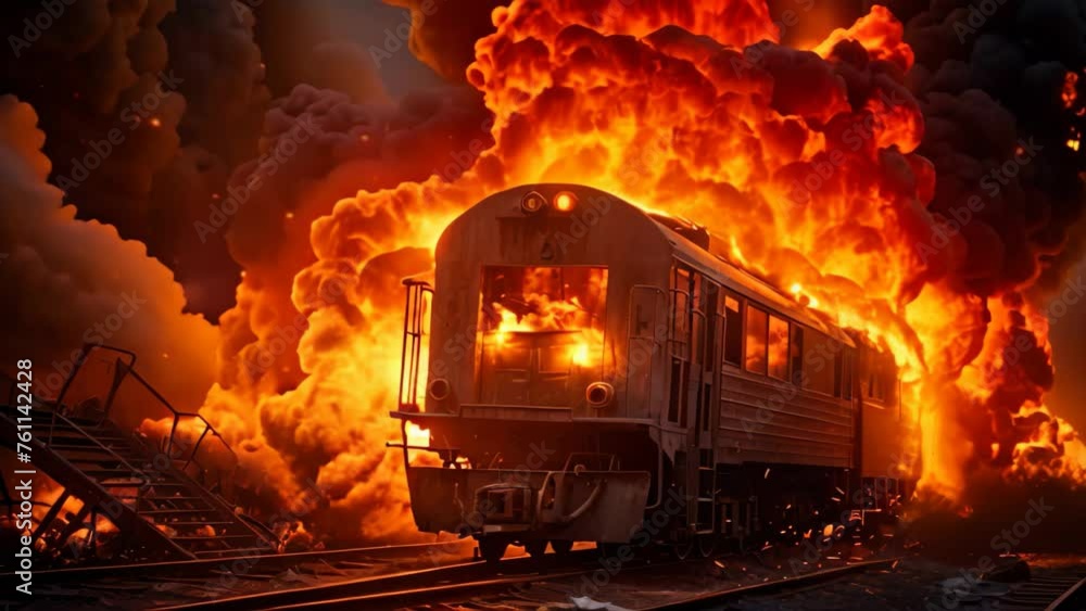 Burning train at railway station. Burning train in the night, Train on fire, disaster, AI Generated Burning train at railway station. Burning train in the night, Train on fire, disaster, AI Generated