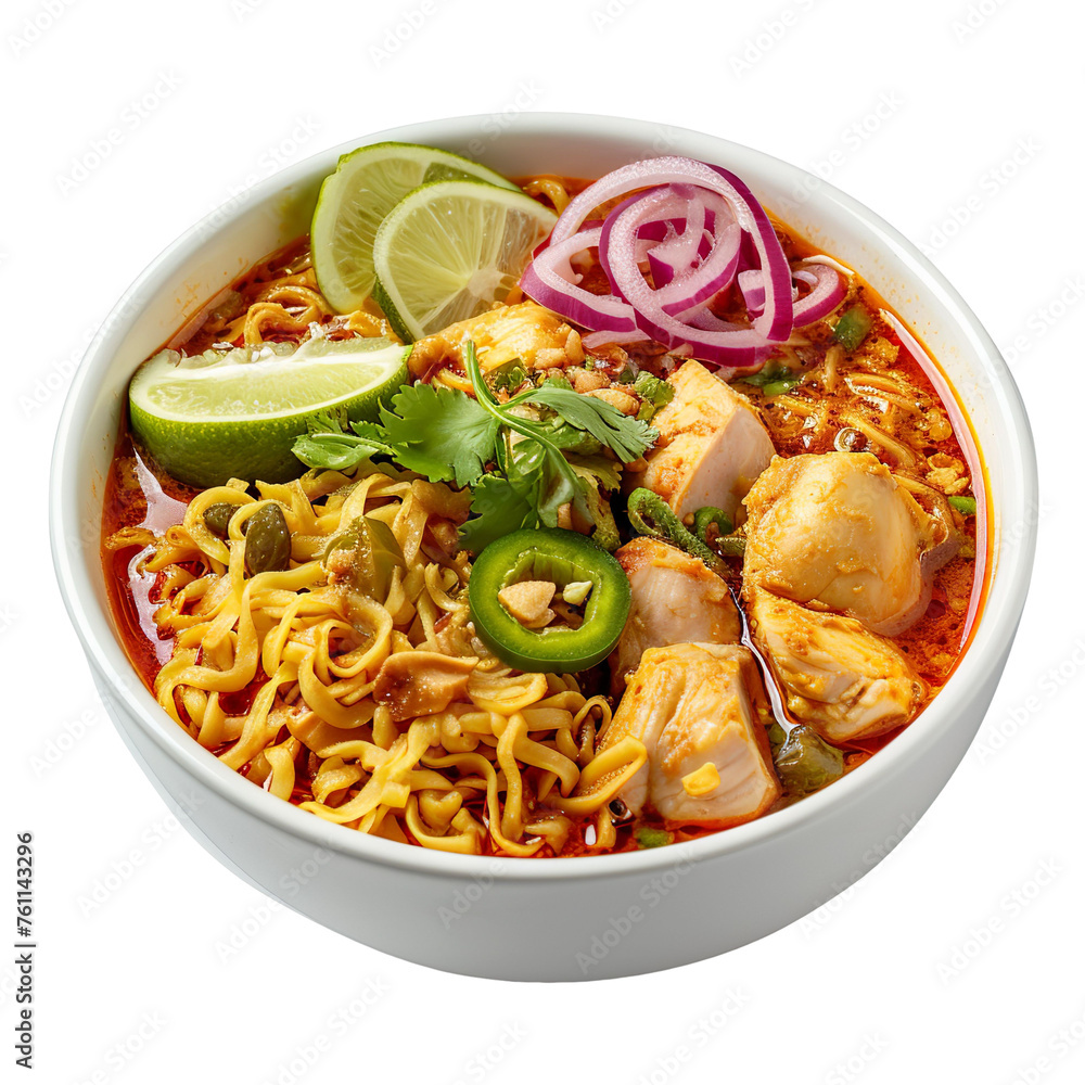 front view of Khao Soi Gai (Northern Thai chicken curry noodle soup) with crispy noodles, chicken, and pickled mustard greens, served in a classic Thai noodle bowl,  isolated on a white background    