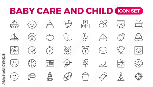 Baby care & Child icon set. care, International Children's Day, kid and parenthood. Outline icon collection. Included icons as newborn, infant, kid, children, and parent. Outline icon collection.