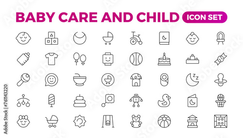 Baby care & Child icon set. care, International Children's Day, kid and parenthood. Outline icon collection. Included icons as newborn, infant, kid, children, and parent. Outline icon collection.