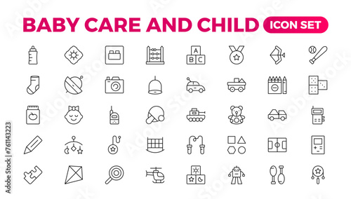 Baby care & Child icon set. care, International Children's Day, kid and parenthood. Outline icon collection. Included icons as newborn, infant, kid, children, and parent. Outline icon collection.