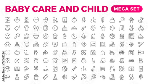 Baby care & Child icon set. care, International Children's Day, kid and parenthood. Outline icon collection. Included icons as newborn, infant, kid, children, and parent. Outline icon collection.