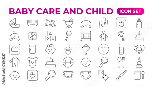 Baby care & Child icon set. care, International Children's Day, kid and parenthood. Outline icon collection. Included icons as newborn, infant, kid, children, and parent. Outline icon collection.