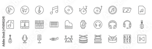 Music Line Icons set. Edtable stroke. Containing as Guitar, Treble Clef, In-ear Headphone. Vector illustration