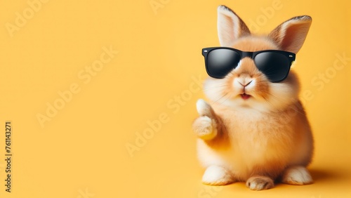 A bunny with sunglasses gives a thumbs up in a cute mood ahead of Easter. He stands alone on an orange background