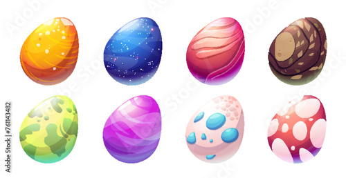 Egg dinosaur cartoon cute magic illustration set. Dragon or reptile monster isolated oval shell drawing for prehistoric fairytale game design. Spotted and green hatching nature exotic symbol