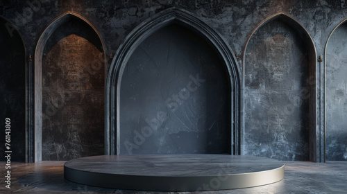 A dramatic stone podium stands central in a room with dark gothic arched alcoves and ambient lighting.