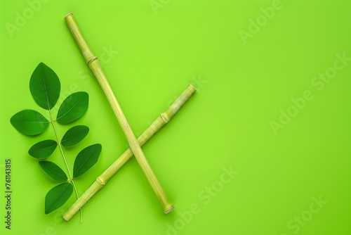 Two Green Leaves and Bamboo Stick on Green Background