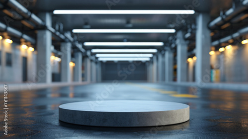 Concrete circular stage in the center of an industrial-style corridor with ambient lighting.