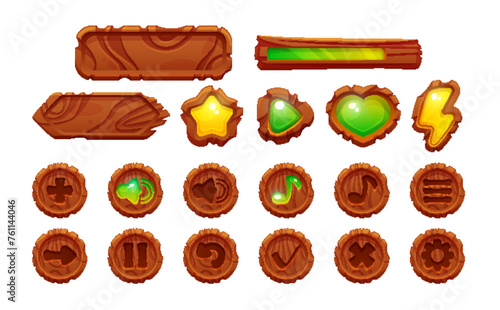 Wooden game ui design elements for videogame menu. Cartoon vector illustration set of wood texture plates with empty space for text, buttons, progress bar and achievement icon. Brown interface frame.