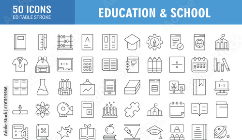 Education set of web icons in line style. Learning icons for web and mobile app. E-learning, video tutorial, knowledge, study, school, university, webinar, online education. Vector illustration