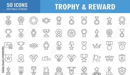 Trophy and reward icon set. Containing as award, medal, winner, prize, and more. Editable Stroke. Vector illustration