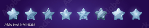 Silver game rank stars set isolated on blue background. Vector cartoon illustration of sparkling gray icons, symbols of score points, ranking progress reward, military buttons, gui design elements