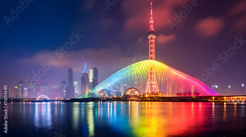Rainbow Illumination of GZ Canton Tower Dominating the Twilight Skyline in Guangzhou, China