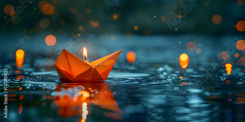 Paper boat floating  in water .