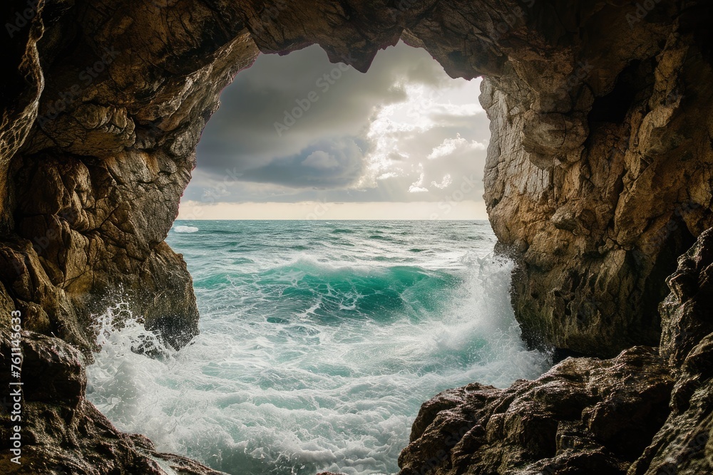 A stunning view of the expansive ocean, visible through the opening of a cave nestled along the coastline, A sea storm viewed from the safety of a cave, AI Generated
